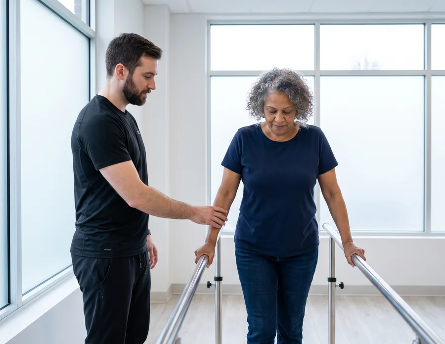 A physical therapist assisting a patient with gait training between parallel bars