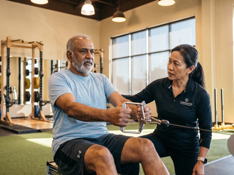 A physical therapist guiding an older patient through a seated grip-strength exercise