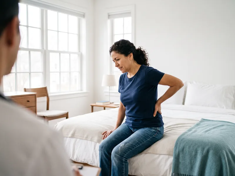 A woman sitting on the edge of a bed holding her lower back in pain while a clinician takes notes