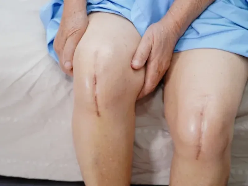 Physical therapist guiding a patient through post-surgical knee replacement rehab exercises