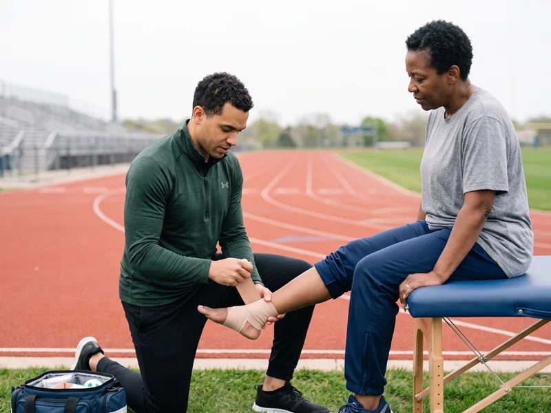 A physical therapist wrapping an athlete's ankle with tape on a running track