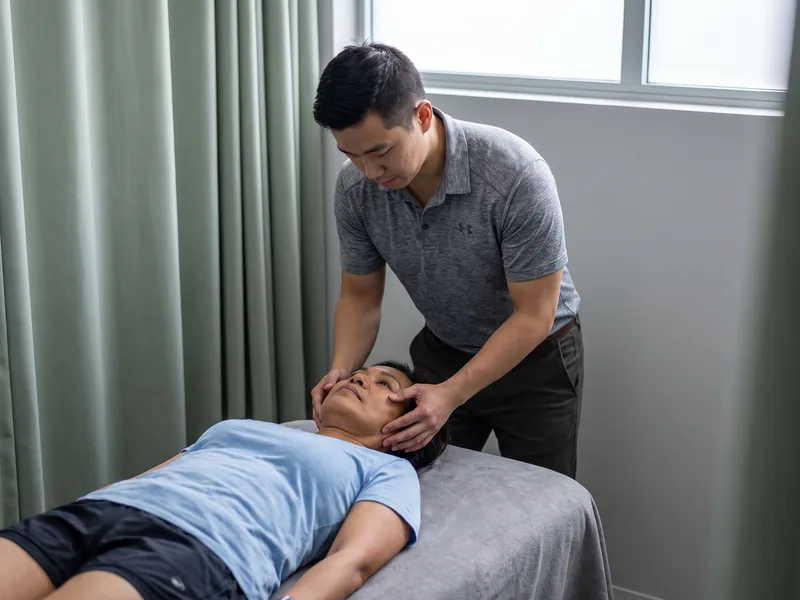 Physical therapist assessing jaw and neck movement during a TMJ evaluation