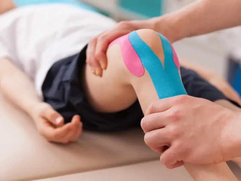 Physical therapist applying kinesio tape to a patient's shoulder