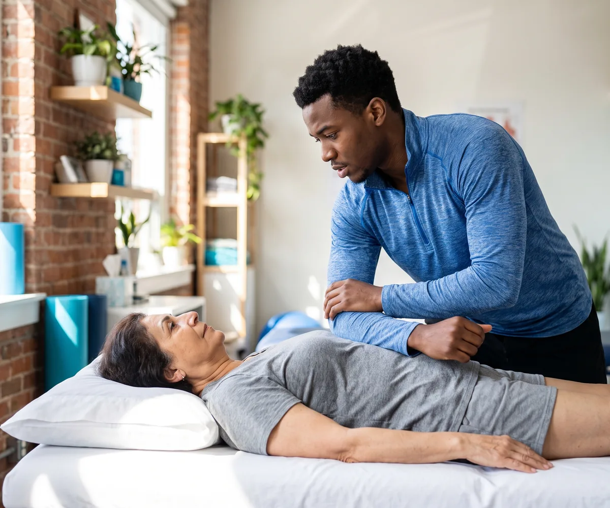 Physical therapist guiding a patient through a hands-on treatment session
