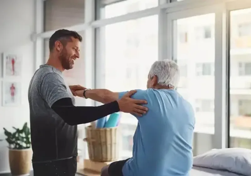 Physical therapist guiding a patient through a hands-on treatment session