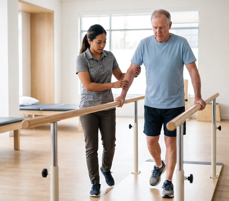 Physical therapist guiding a patient through post-surgical rehab