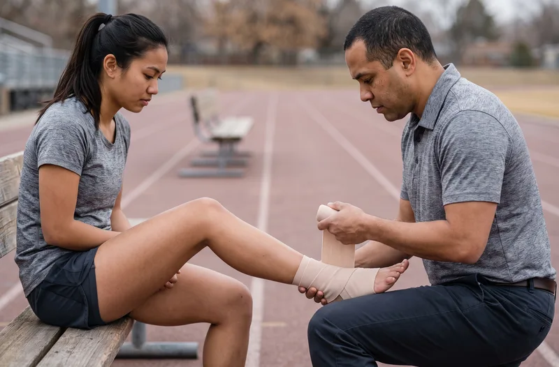A physical therapist taping an athlete's ankle on a running track
