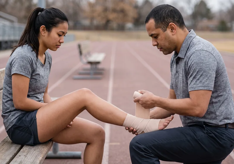 A physical therapist taping an athlete's ankle on a running track