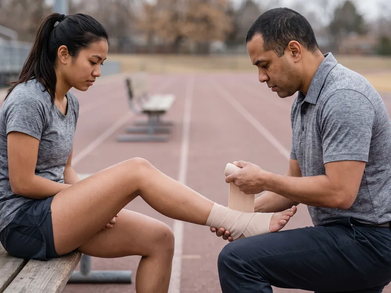 A physical therapist taping an athlete's ankle on a running track